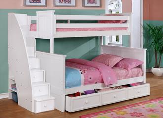 Beadboard Twin/Full Bunk Bed w/Stairs White